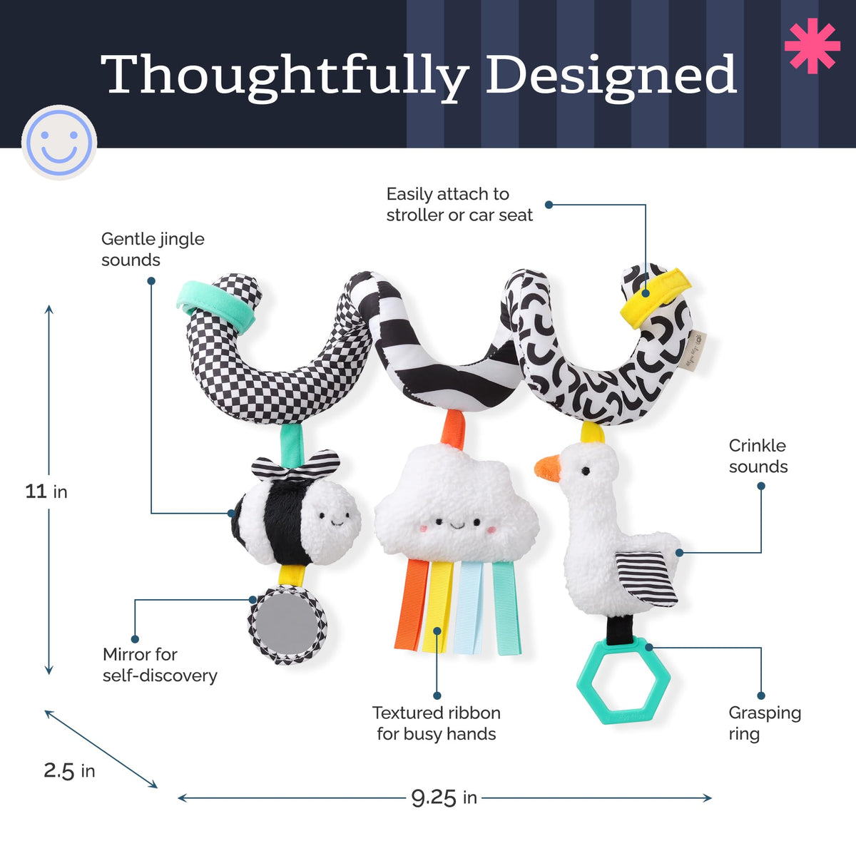 Itzy Ritzy Spiral Toy includes soft bee toy for gentle tactile play
