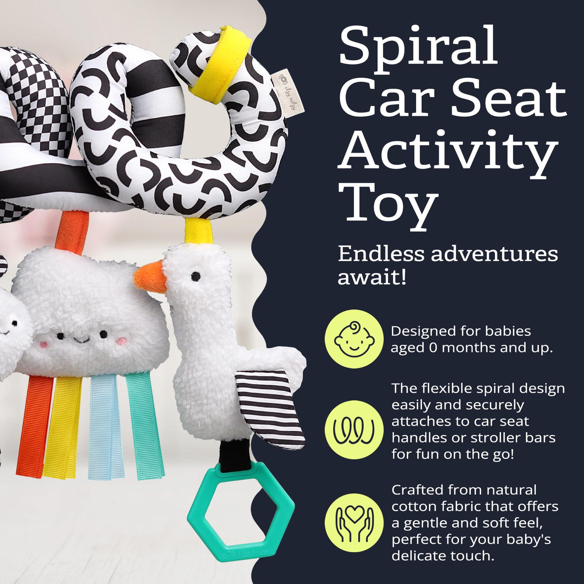 Itzy Ritzy Spiral Toy with soft goose toy supports soothing sensory moments