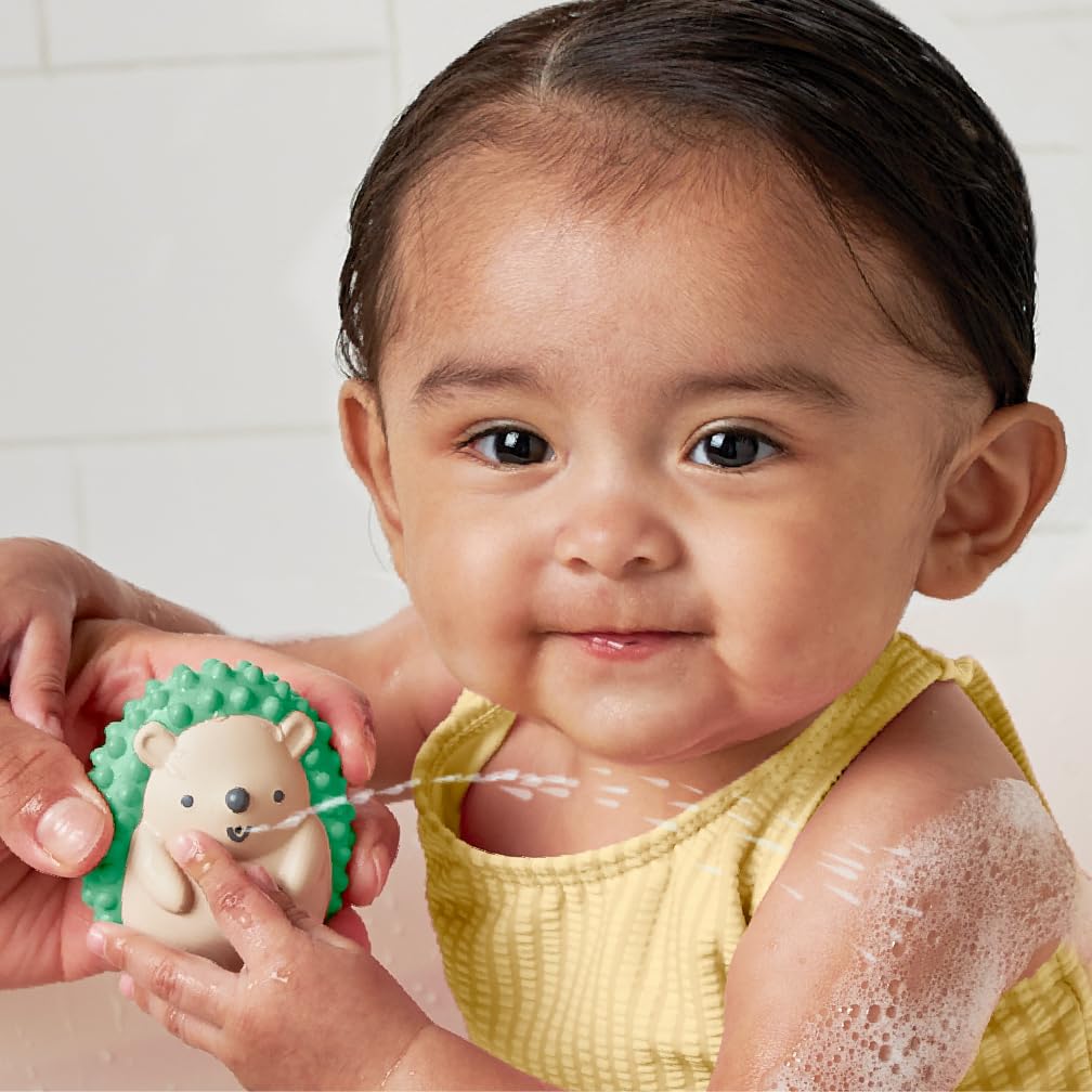 Itzy Ritzy squirting bath toys with action for fine motor skill practice.
