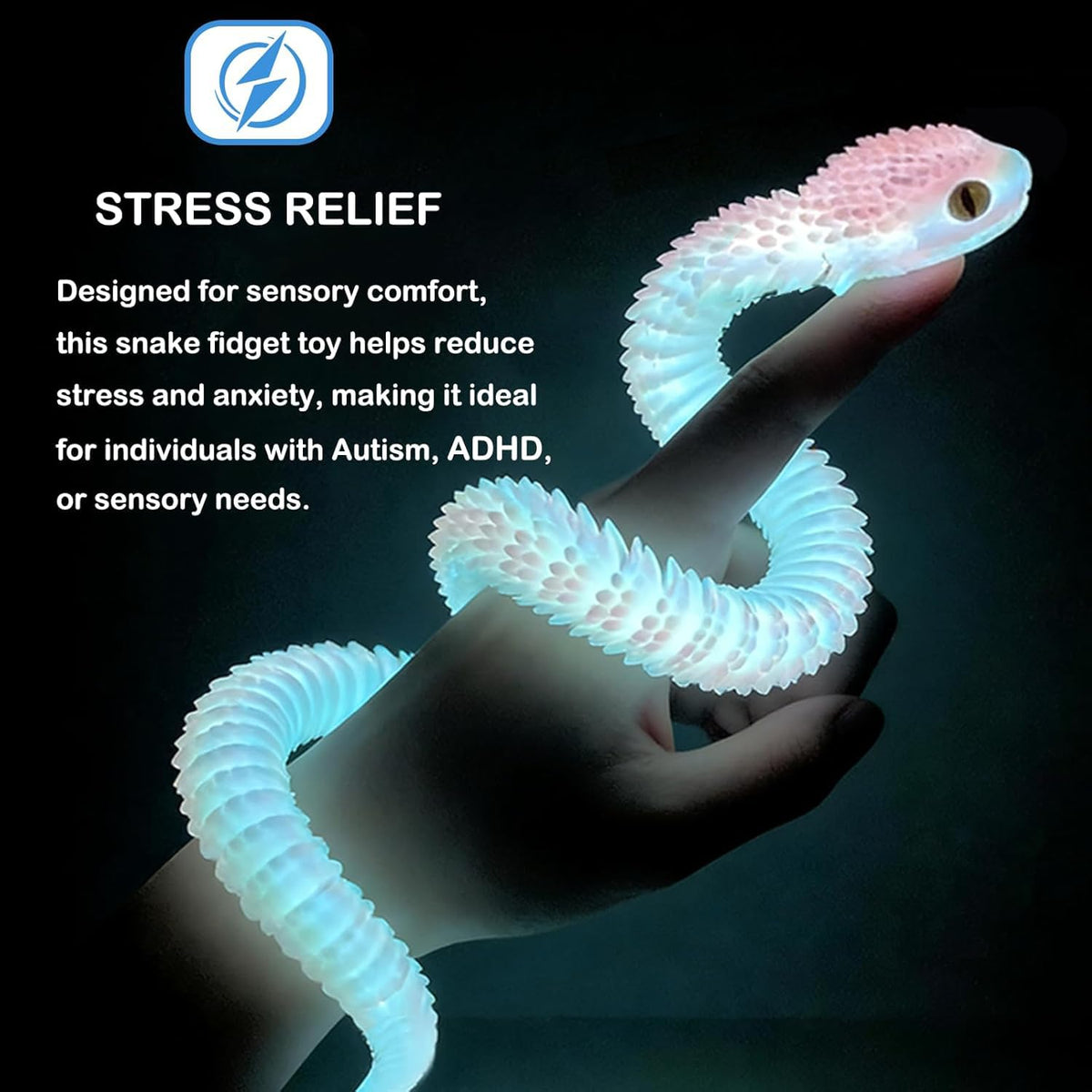Ivrmtal snake toy fidget detail emphasizes smooth texture for stress relief.