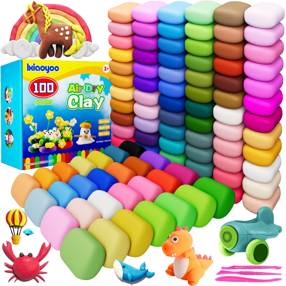 Ixiaoyoo air dry clay 100 colors kit for kids — vibrant colors spark creative modeling