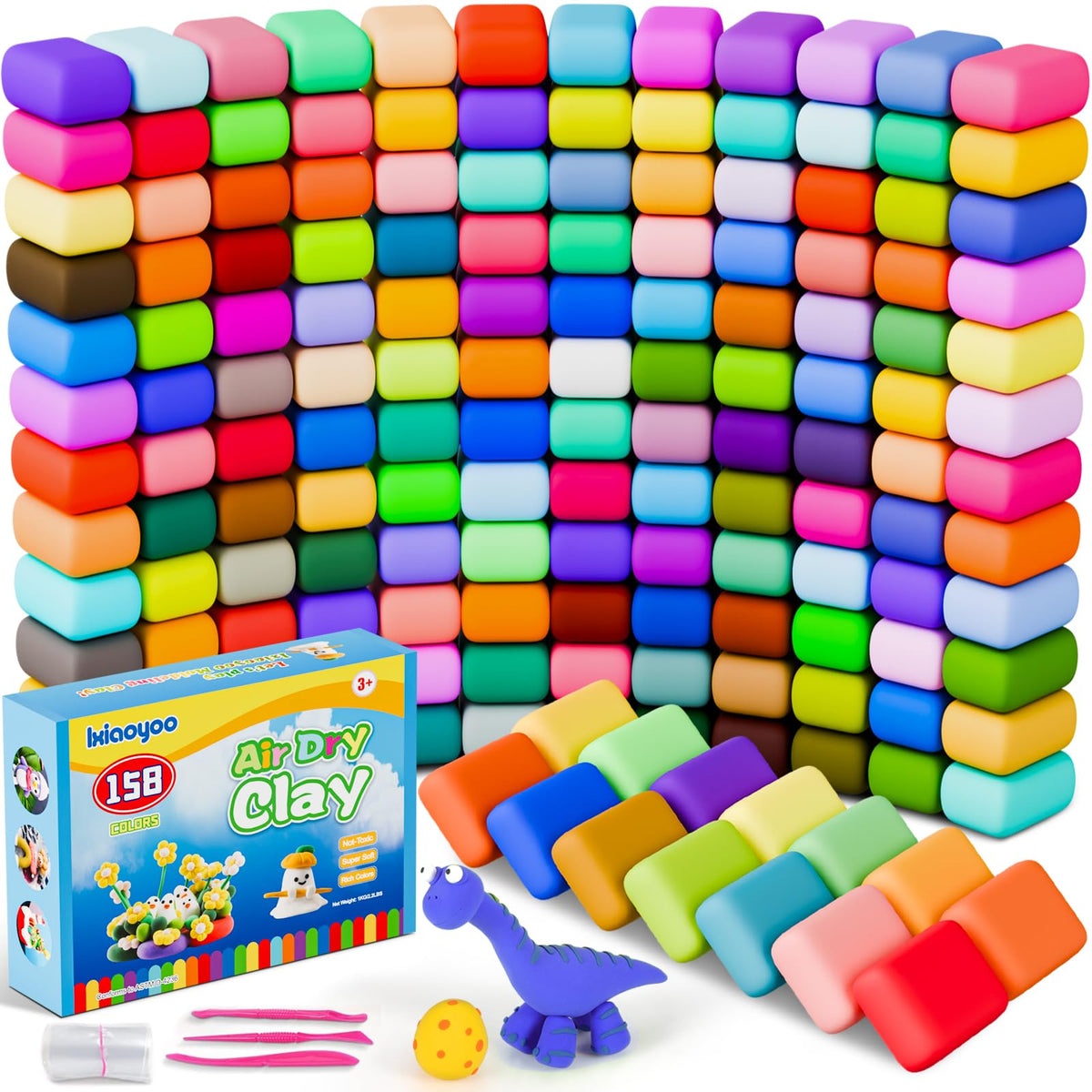 Ixiaoyoo air-dry clay kit with 158 colors boosts kids' creativity with mess-free, air-drying fun.