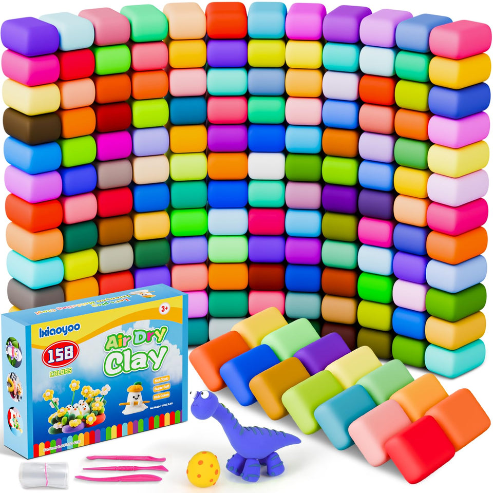 Ixiaoyoo air-dry clay kit with 158 colors boosts kids' creativity with mess-free, air-drying fun.