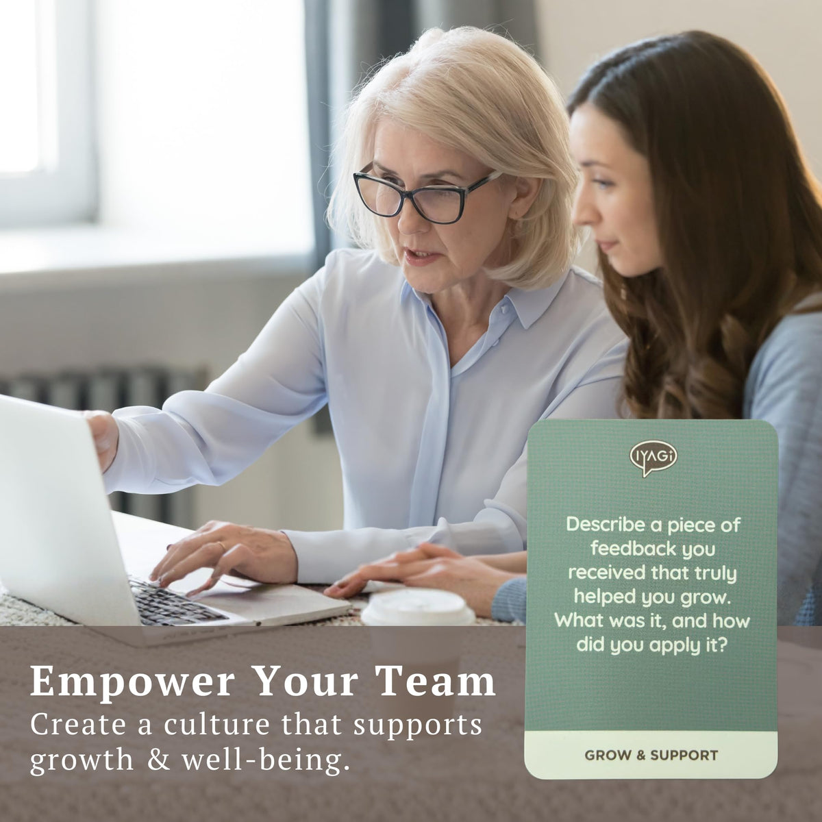 Iyagi Conversation Cards brown alignment prompts aid onboarding and culture-fit conversations.