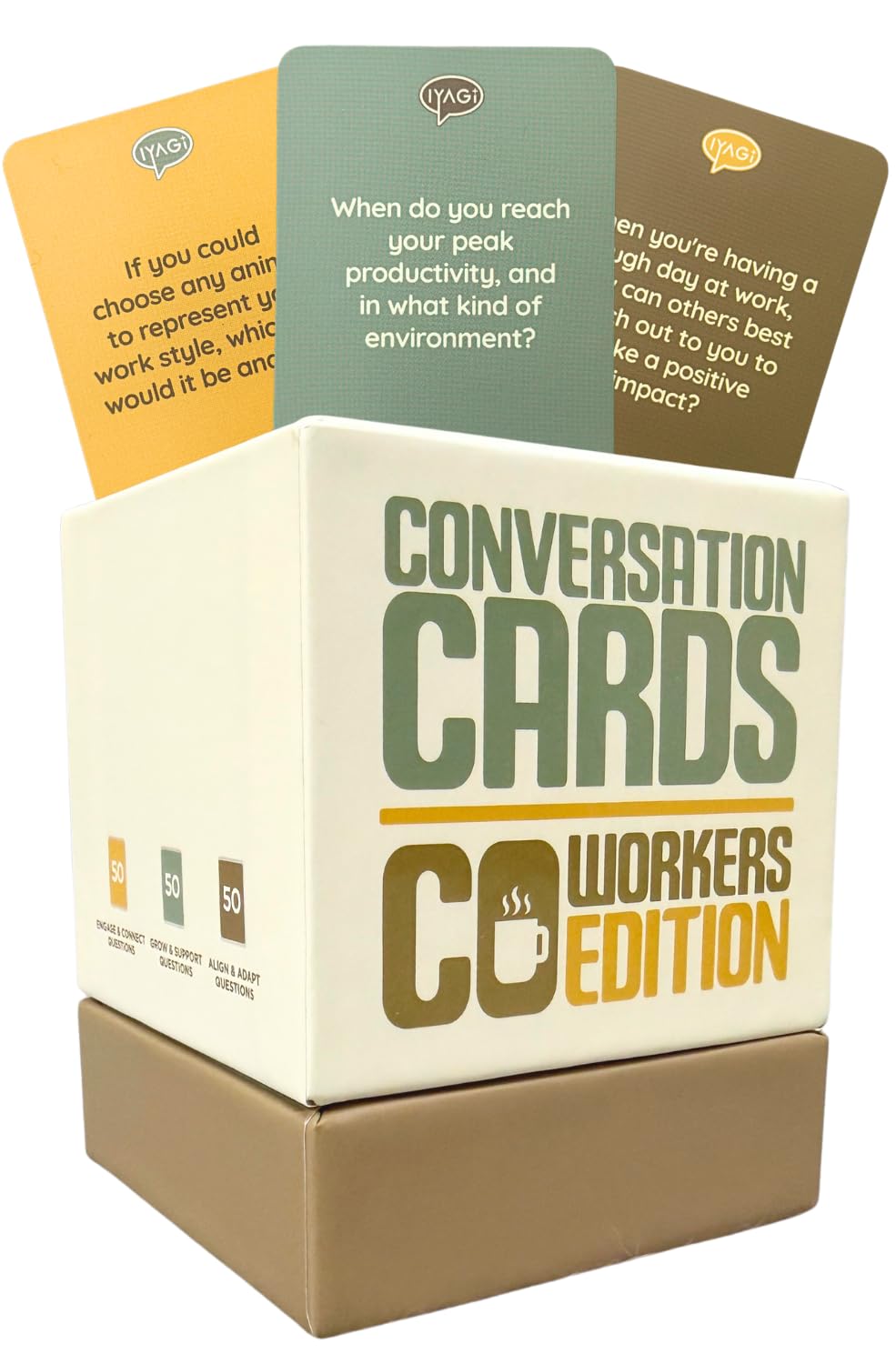 Iyagi Conversation Cards yellow icebreaker prompts ease warmup meetings.