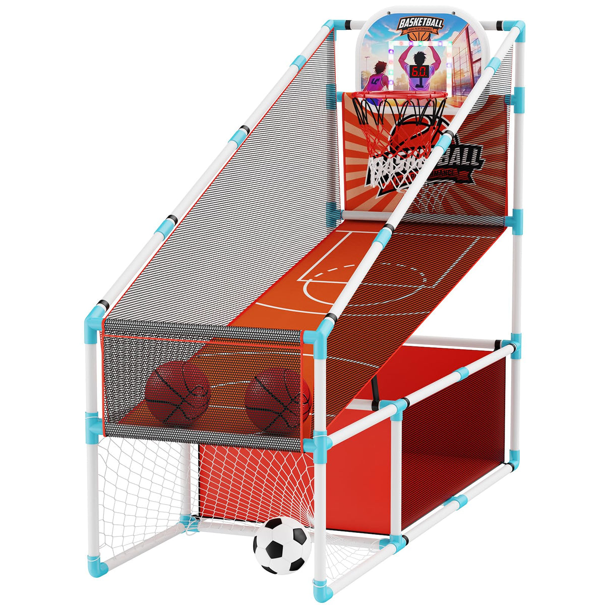 Iyoyo 2-in-1 arcade basketball hoop with LED lights for arcade-style play.