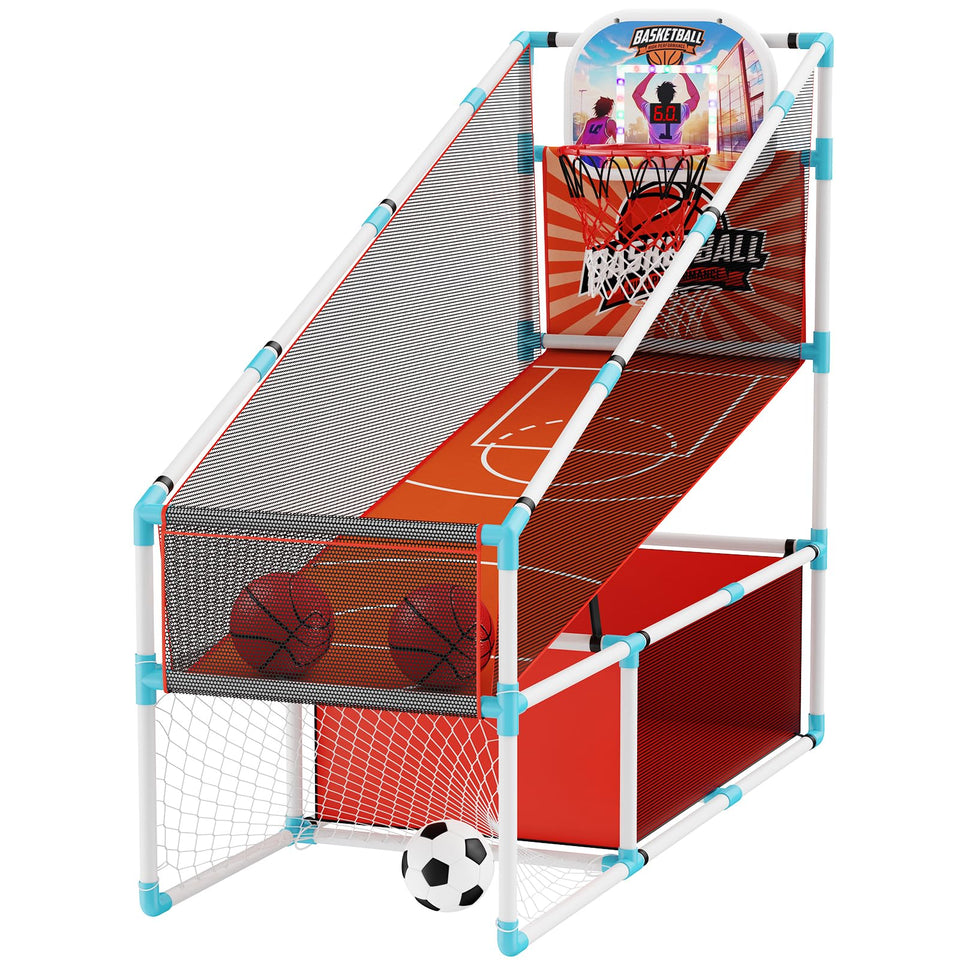 Iyoyo 2-in-1 arcade basketball hoop with LED lights for arcade-style play.