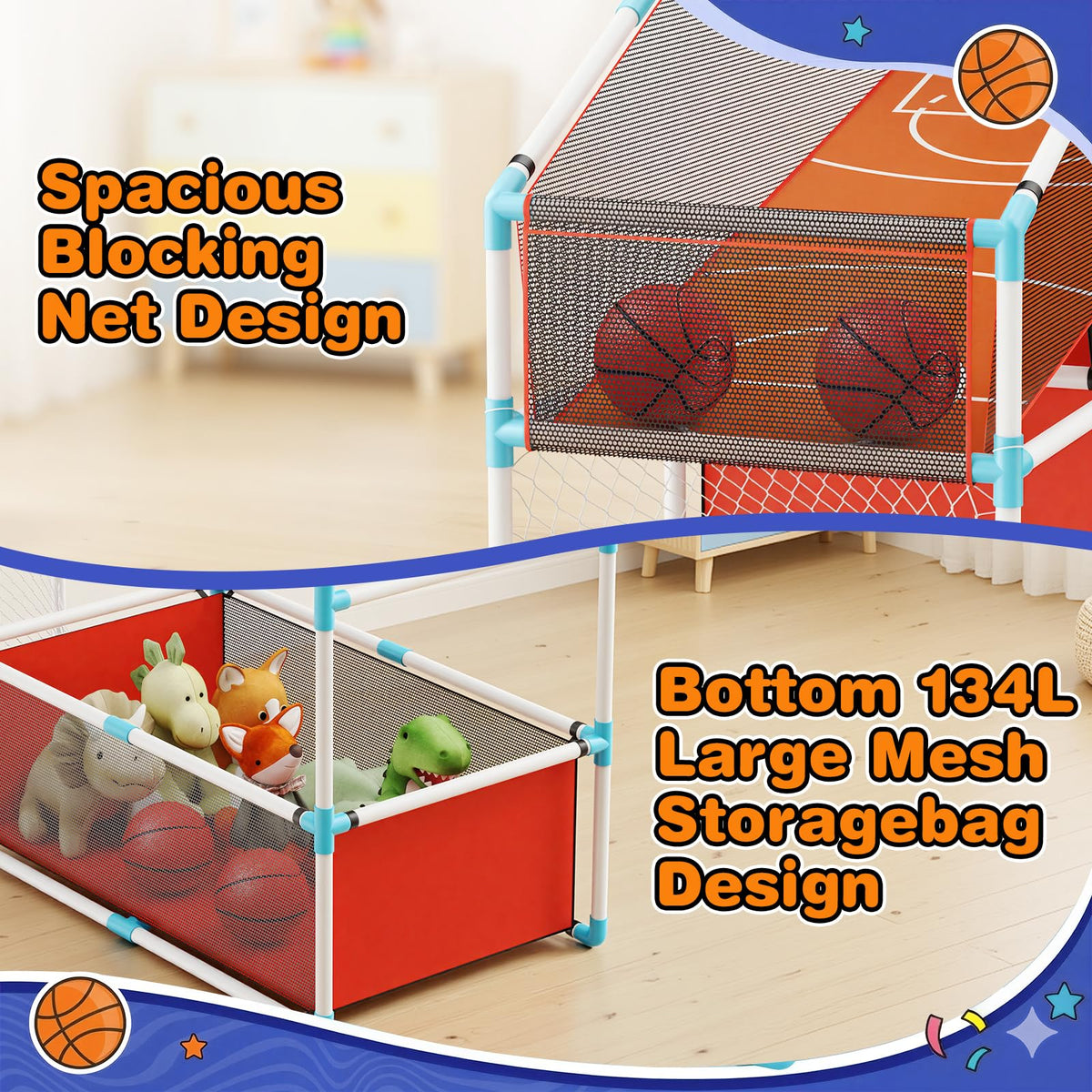 Iyoyo included basketballs and soccer ball for quick setup.