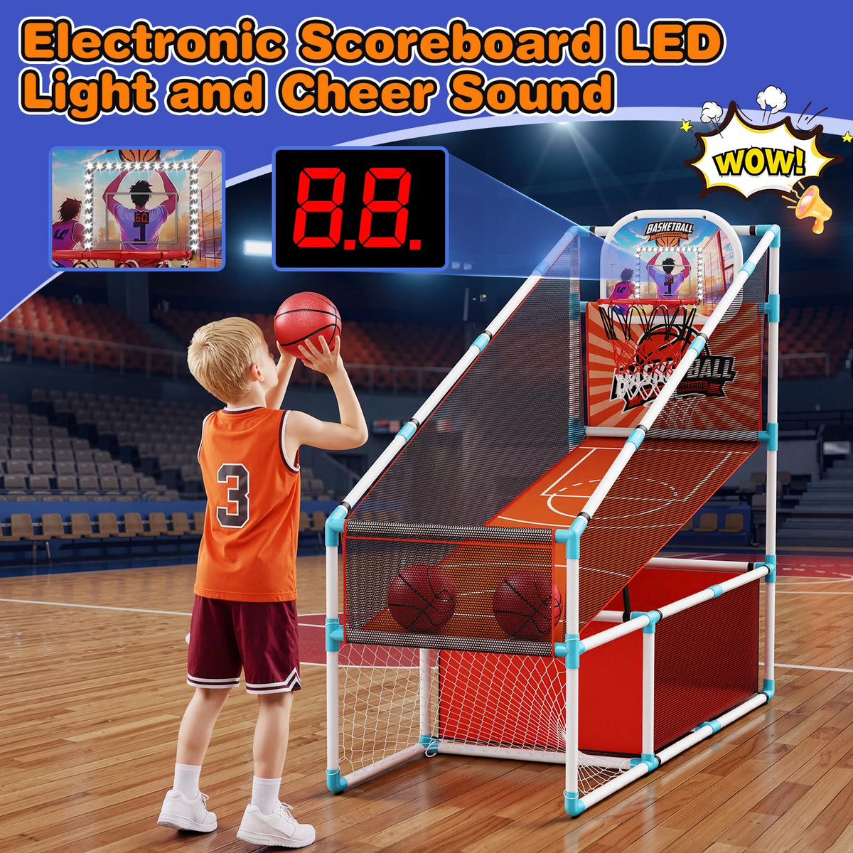 Iyoyo LED lights and electronic scoreboard energize shots and goals.