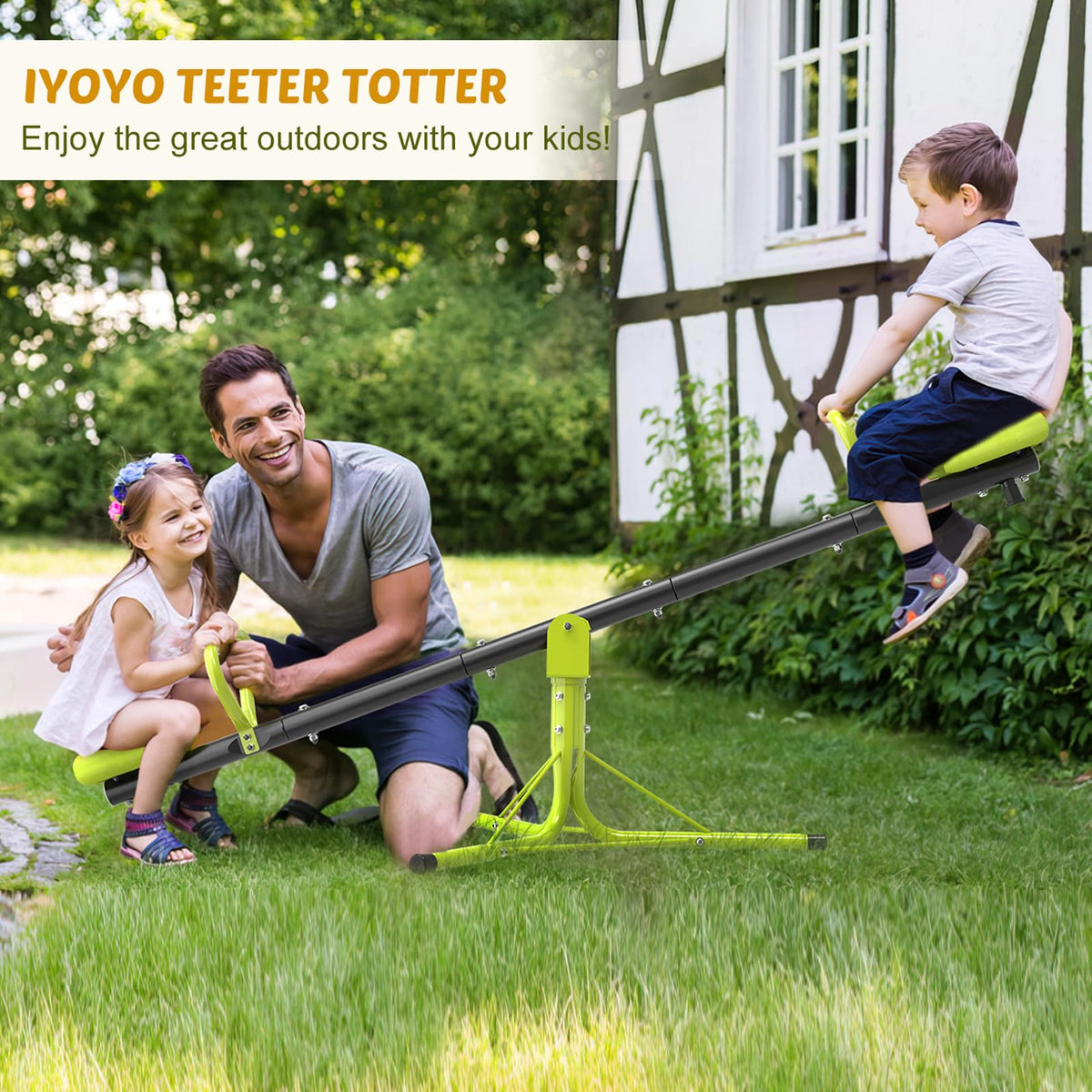 Iyoyo teeter totter seesaw demonstrates 360-degree rotation for backyard family fun.