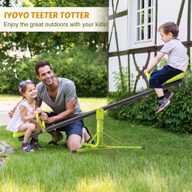 Iyoyo teeter totter seesaw demonstrates 360-degree rotation for backyard family fun.