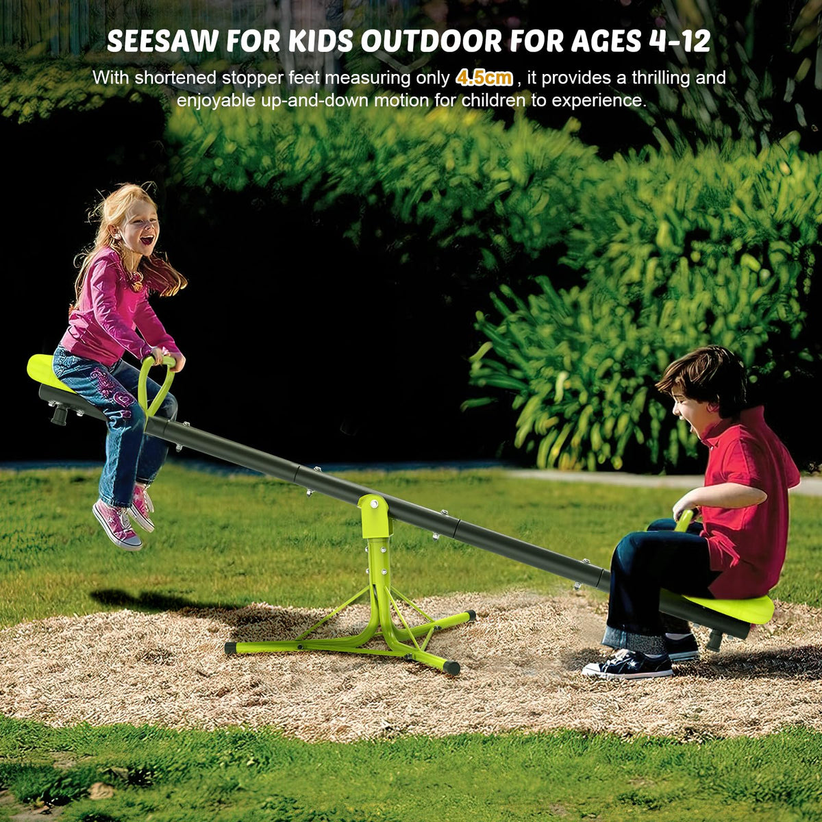 Iyoyo teeter totter dimensions show solid base height and safe seating.