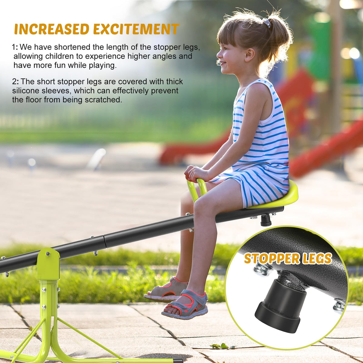 Iyoyo seesaw's sturdy frame and reinforced tubes withstand vigorous outdoor use.