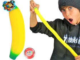 JA-RU banana squishy stretched to illustrate flexibility and play.