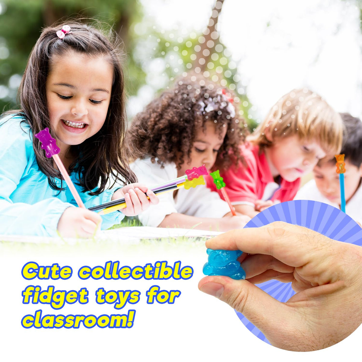 JA-RU Mini Sqweezy Bears green pencil toppers provide tactile relief during lessons