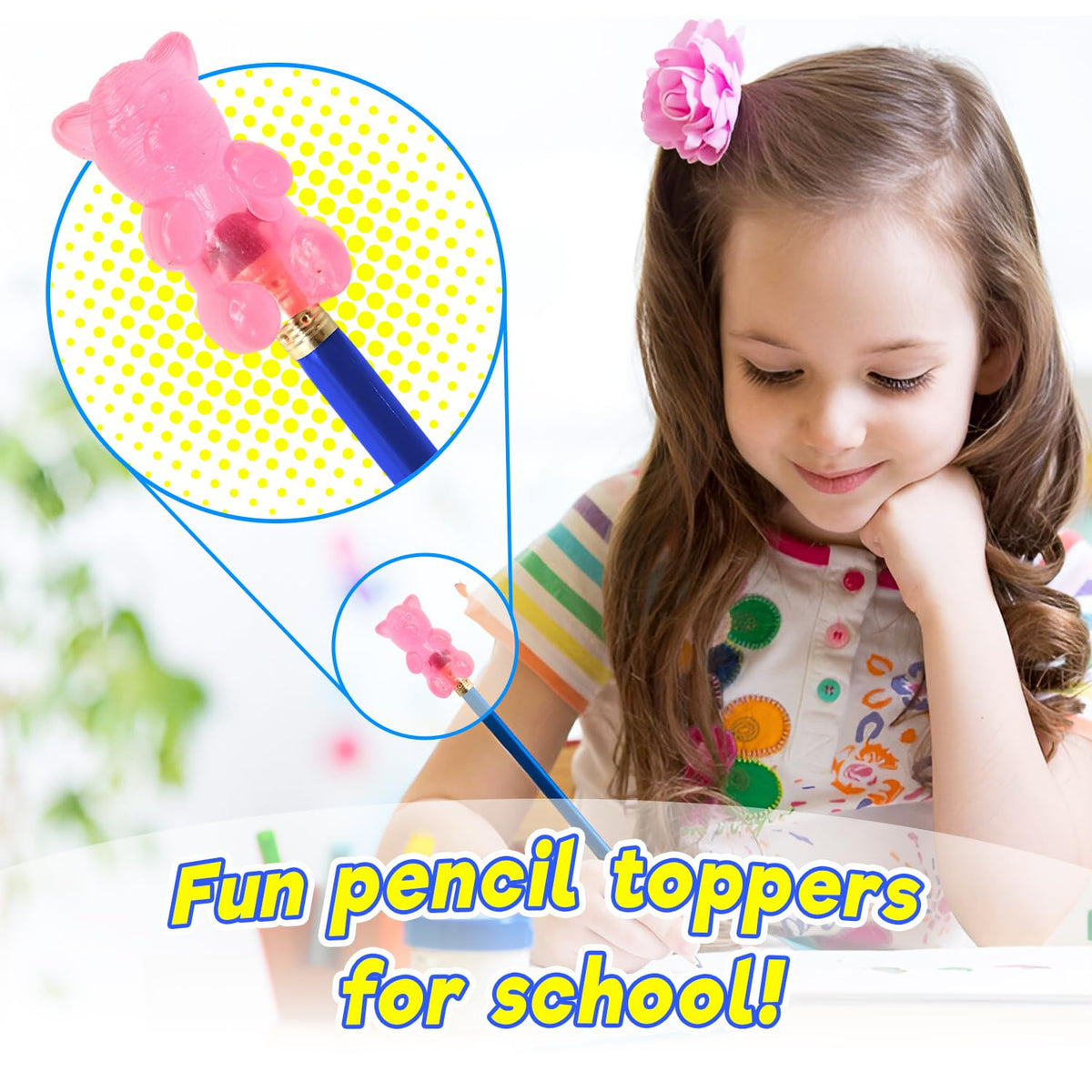 JA-RU Mini Sqweezy Bears yellow pencil toppers brighten desks and aid focus