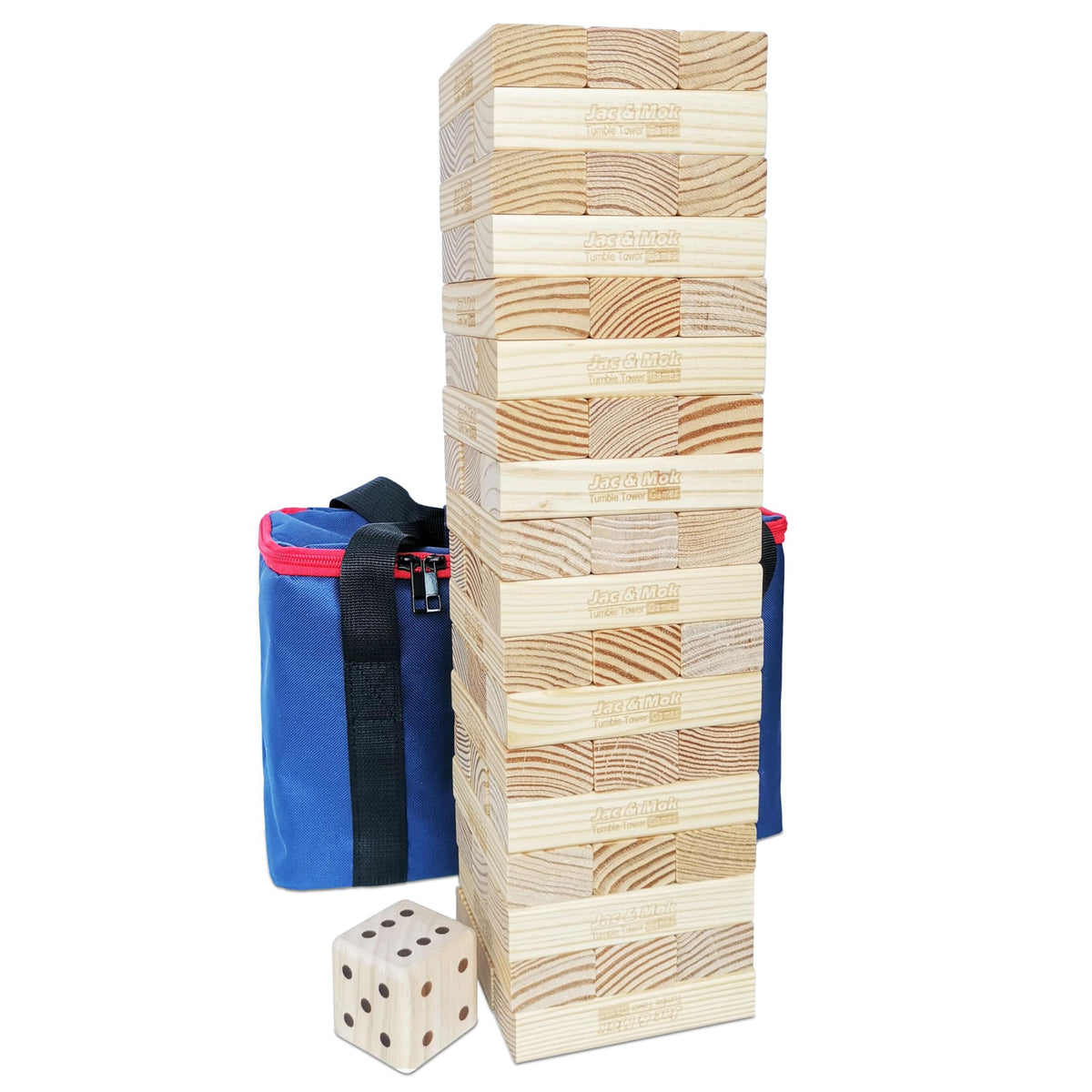 Jac & Mok Tumble Tower shows 54 blocks ready for family stacking fun.