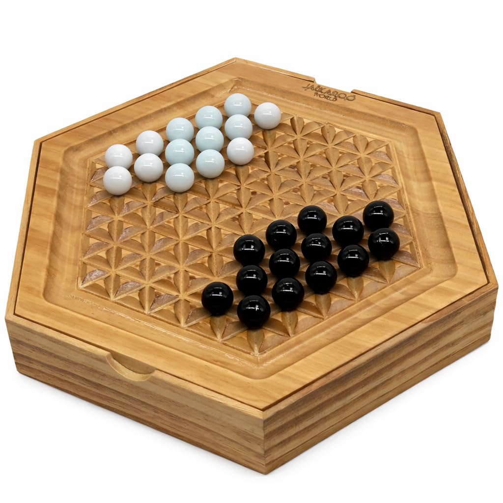 Jackaroo World Abalone board on a wooden hex grid for thoughtful strategic play.