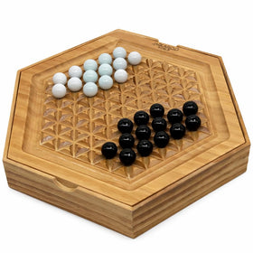 Jackaroo World Abalone board on a wooden hex grid for thoughtful strategic play.