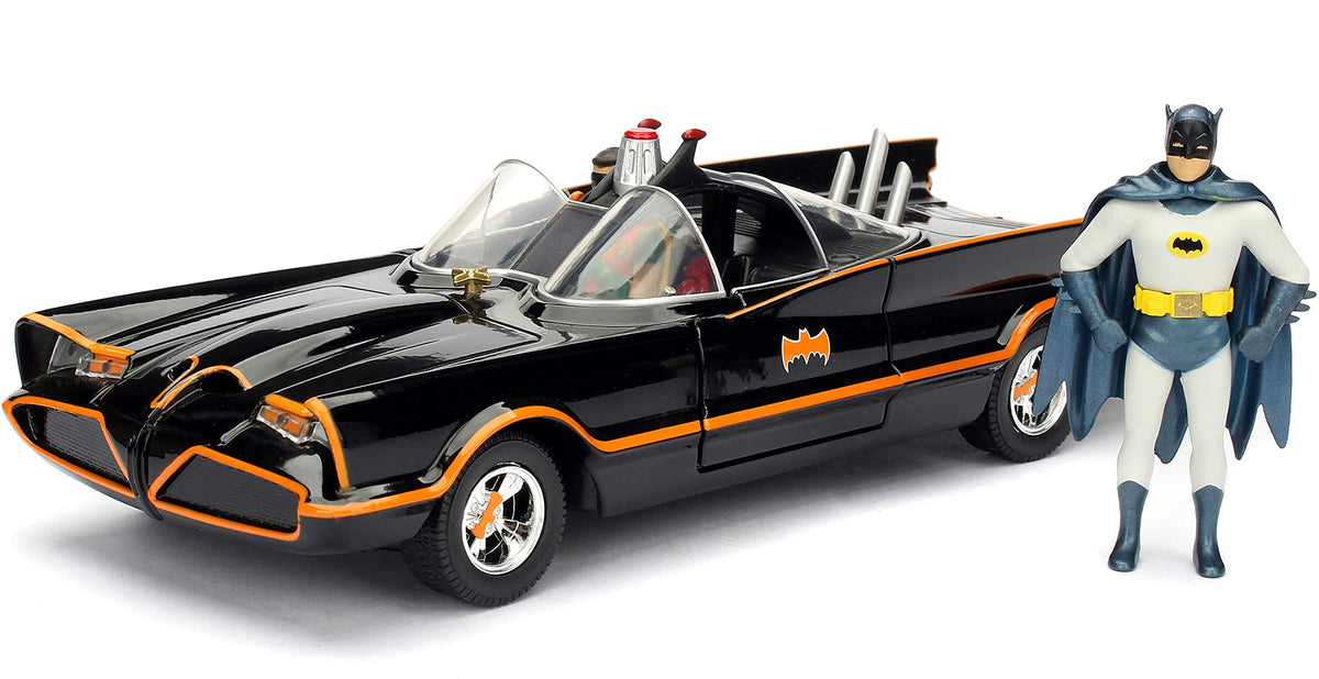 Jada 1966 Batmobile front view with Batman and Robin figures for display