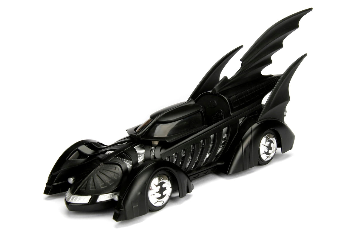 Jada Batman Forever Batmobile includes 2.75-inch Batman figure for storytelling setups.