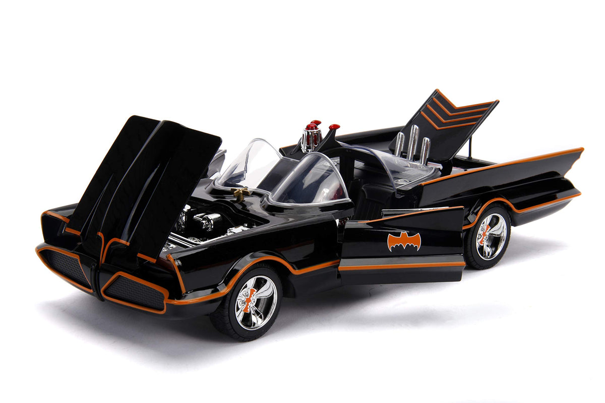 Jada Batmobile 1966 side view showcases sleek silhouette ideal for shelf dioramas.