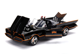 Jada Batmobile 1966 side view showcases sleek silhouette ideal for shelf dioramas.