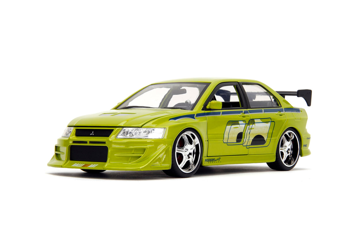 Jada Brian's Mitsubishi Lancer Evo VII die-cast with opening hood for display realism.