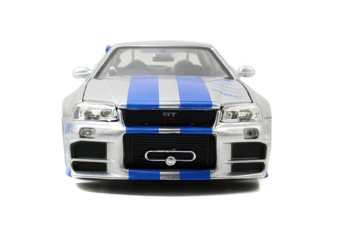 Jada Nissan Skyline R34 side view shows movie-inspired color and silhouette