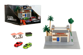 Jada Toys Fast & Furious Nanoscene Toretto Market & Cafe diorama for display.