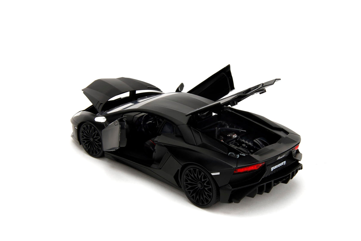Jada Shaw's Lamborghini Aventador SV die-cast with opening hood showcases engine detail.