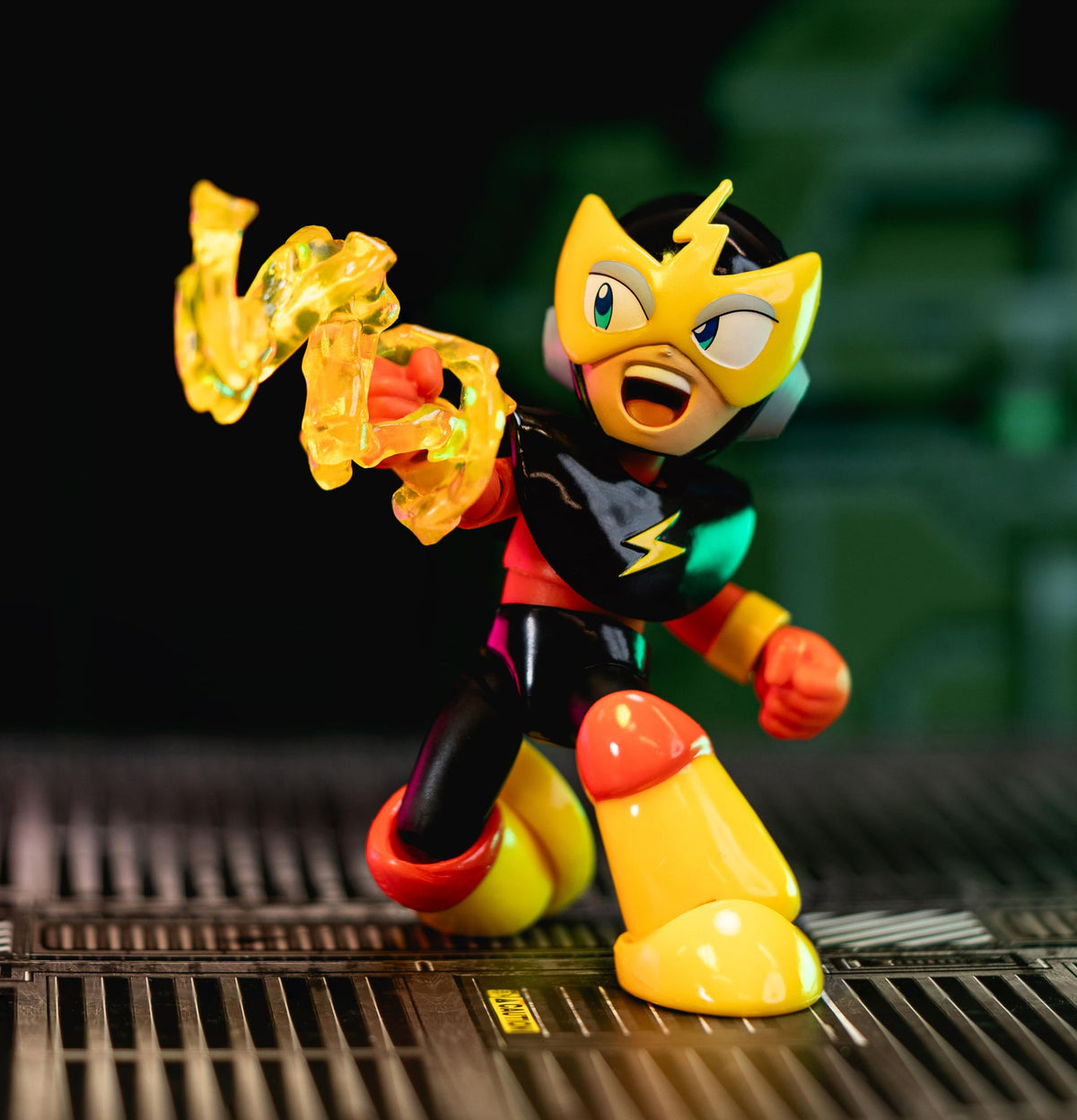 Jada Mega Man Elec Man lightning bolt accessory enhances Thunder Beam display.