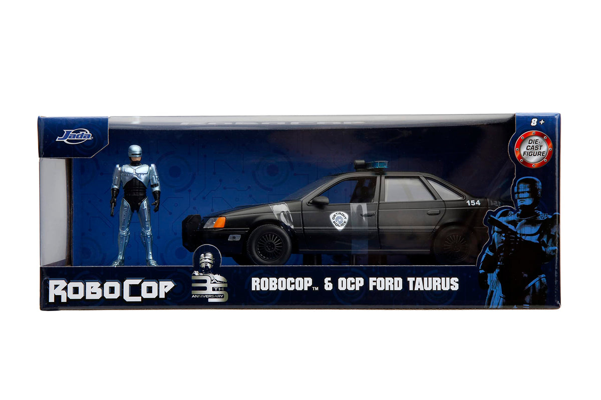 Opening hood on the Jada Robocop taurus highlights chrome finish and scale realism.