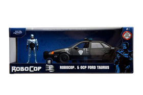 Opening hood on the Jada Robocop taurus highlights chrome finish and scale realism.