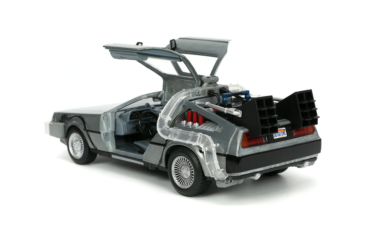 Jada Time Machine die-cast 1:24 side view showcasing faithful Back to the Future styling