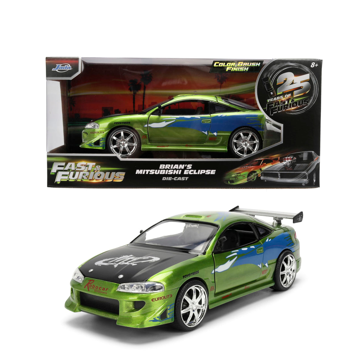 Jada Toys Fast and Furious Anniversary Eclipse 1995 exterior in brush metal finish.