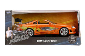 Jada Toys Brian's Toyota Supra chrome accents and wheels enhance premium look.