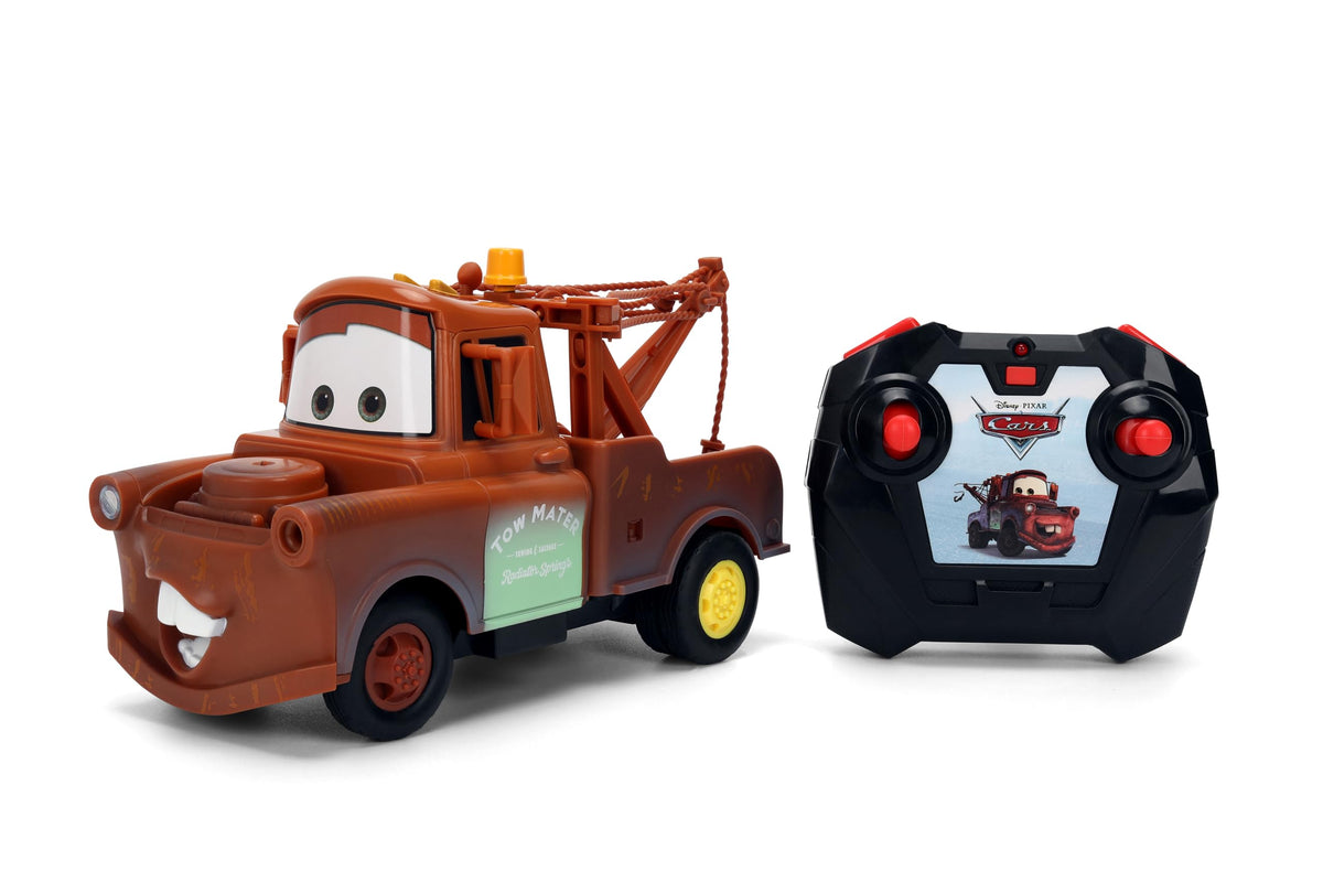Jada Tow Mater RC front view highlighting rugged car design.
