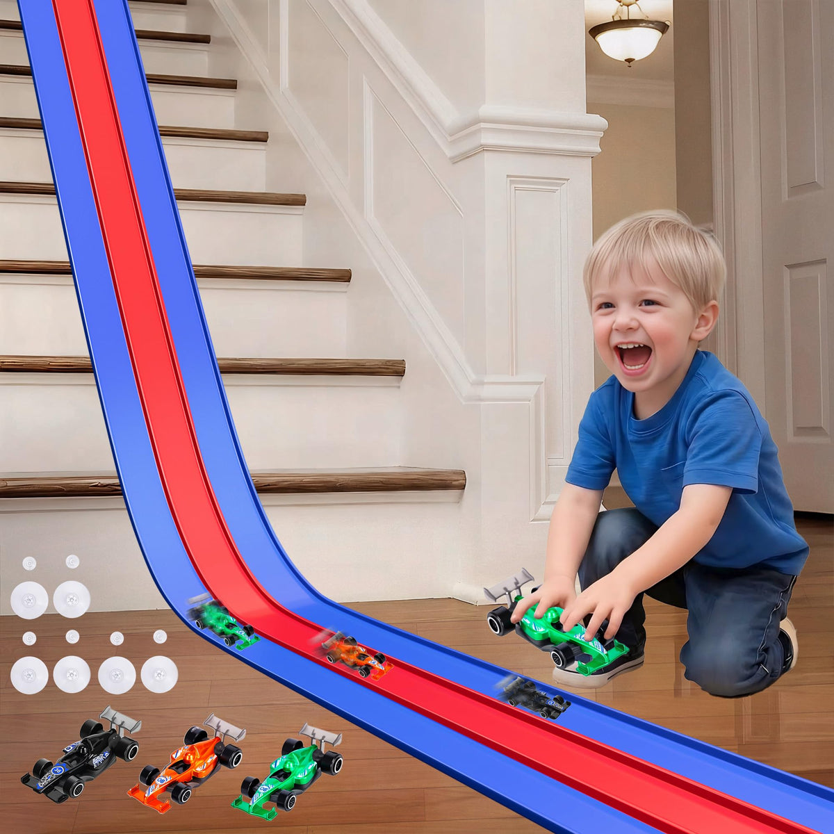 JAESITETER 3-Lane Race Track blue-red for multi-car racing fun