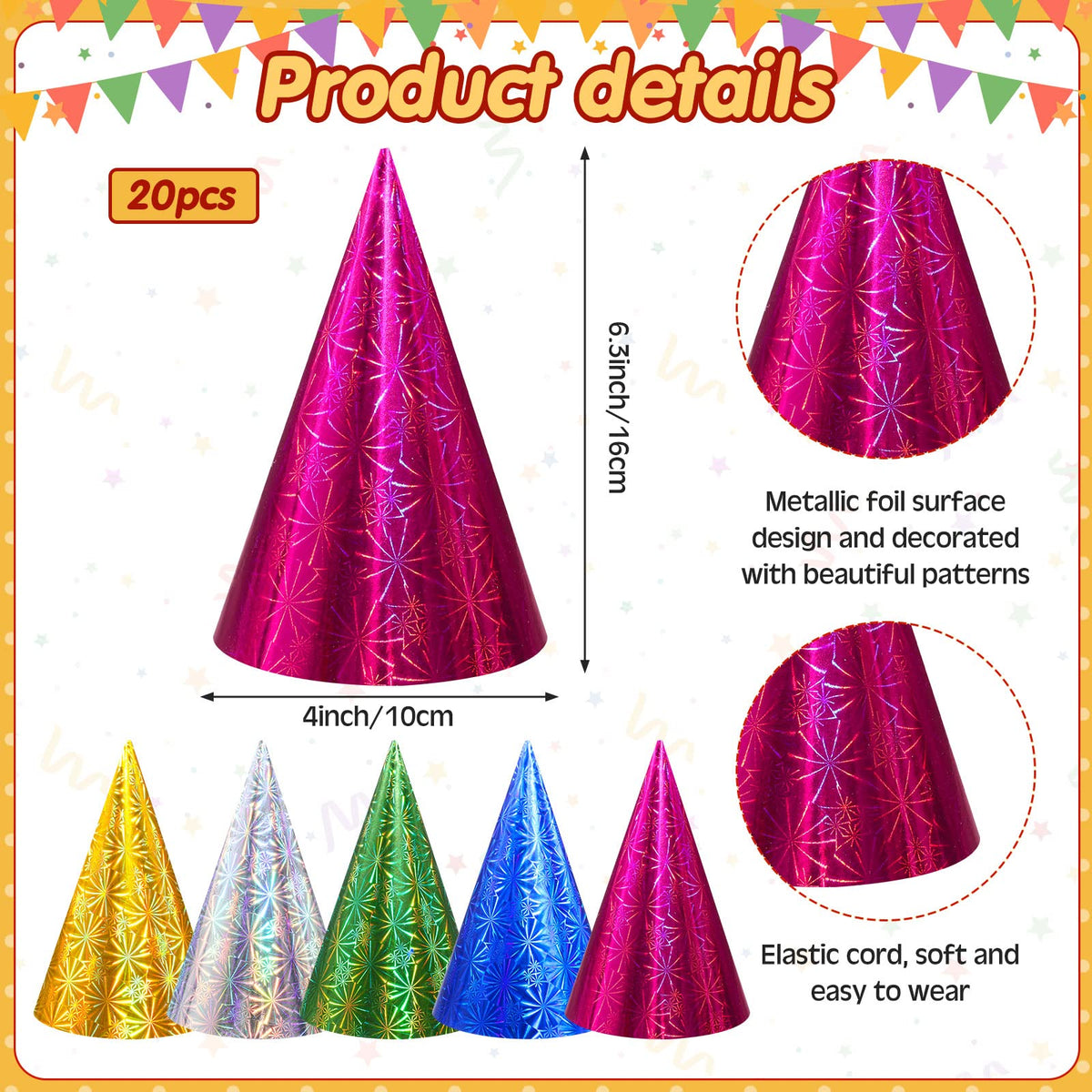 JaGely rose red foil cone hat adds bright color to celebrations