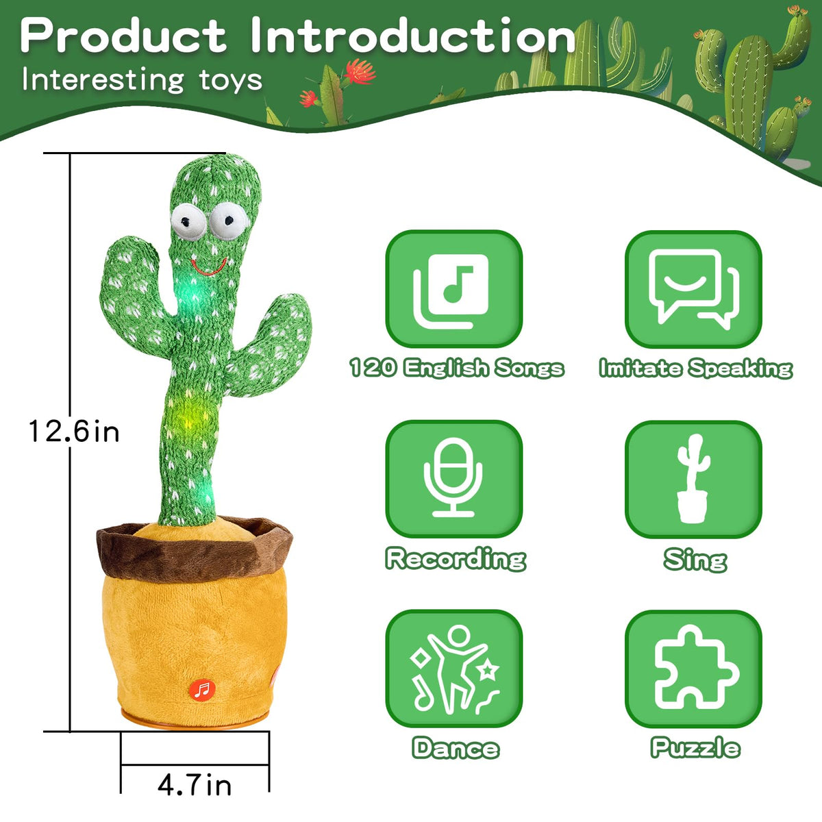 JAKCJFII Dancing Cactus toy singing action with 120 English songs showcased