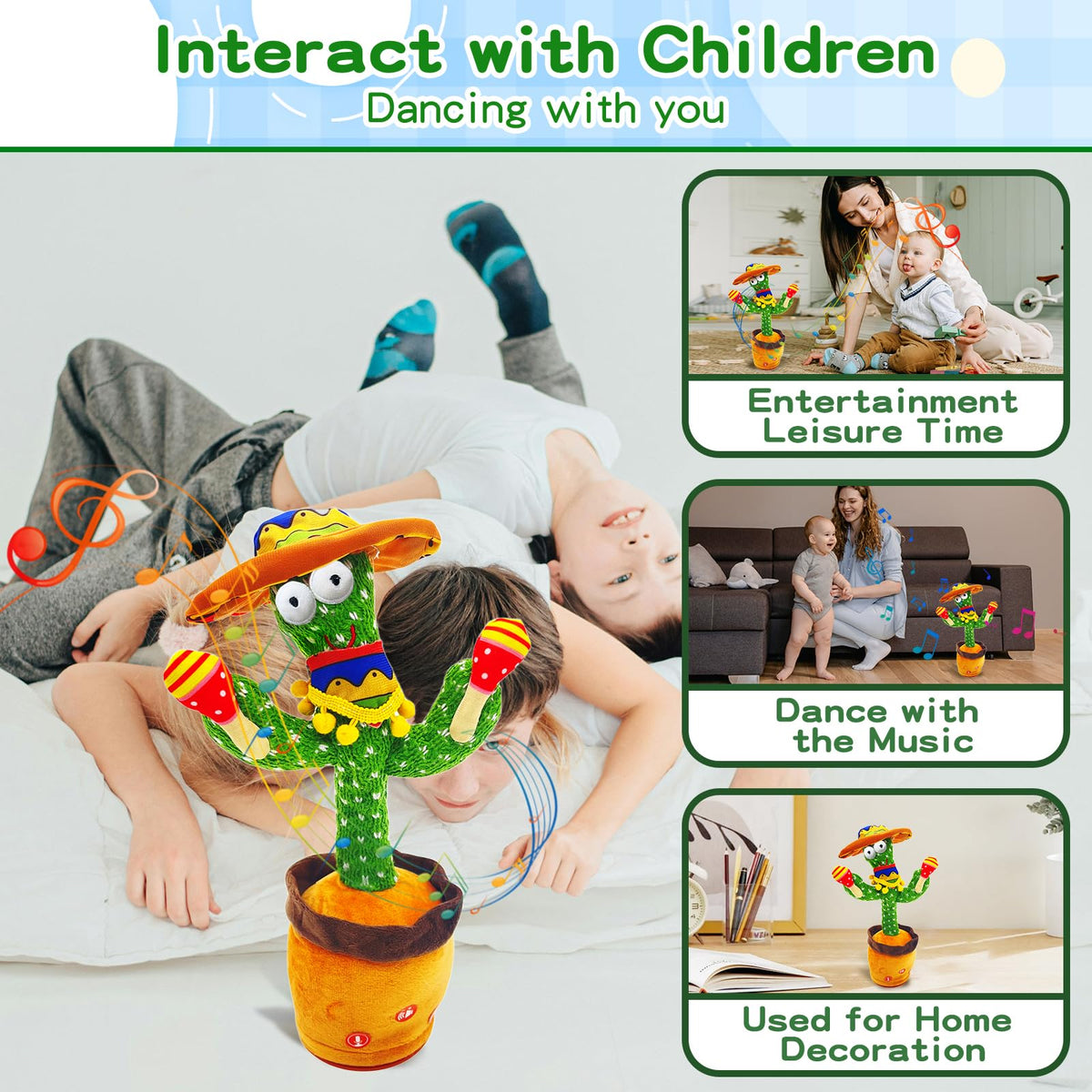 JAKCJFII Talking Cactus Toy easy three-AA battery setup and simple controls.