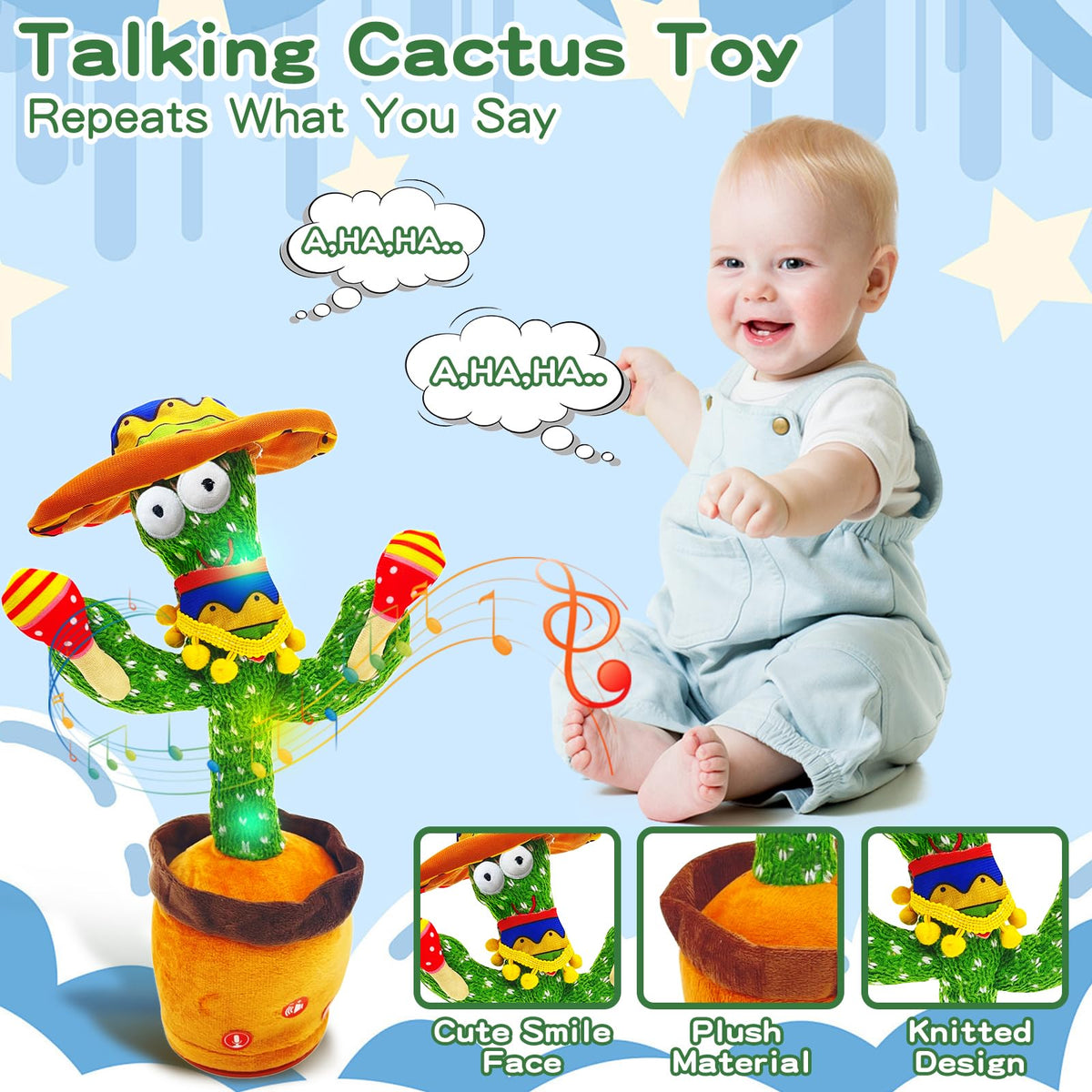 JAKCJFII Talking Cactus Toy LED lights glow as it dances and entertains.