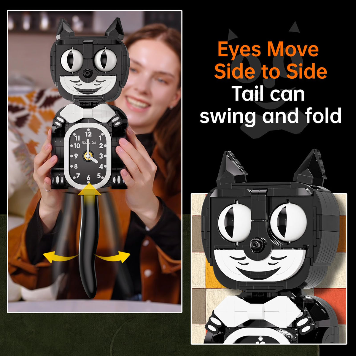 JAKI Black Cat Clock with moving tail creates dynamic wall art
