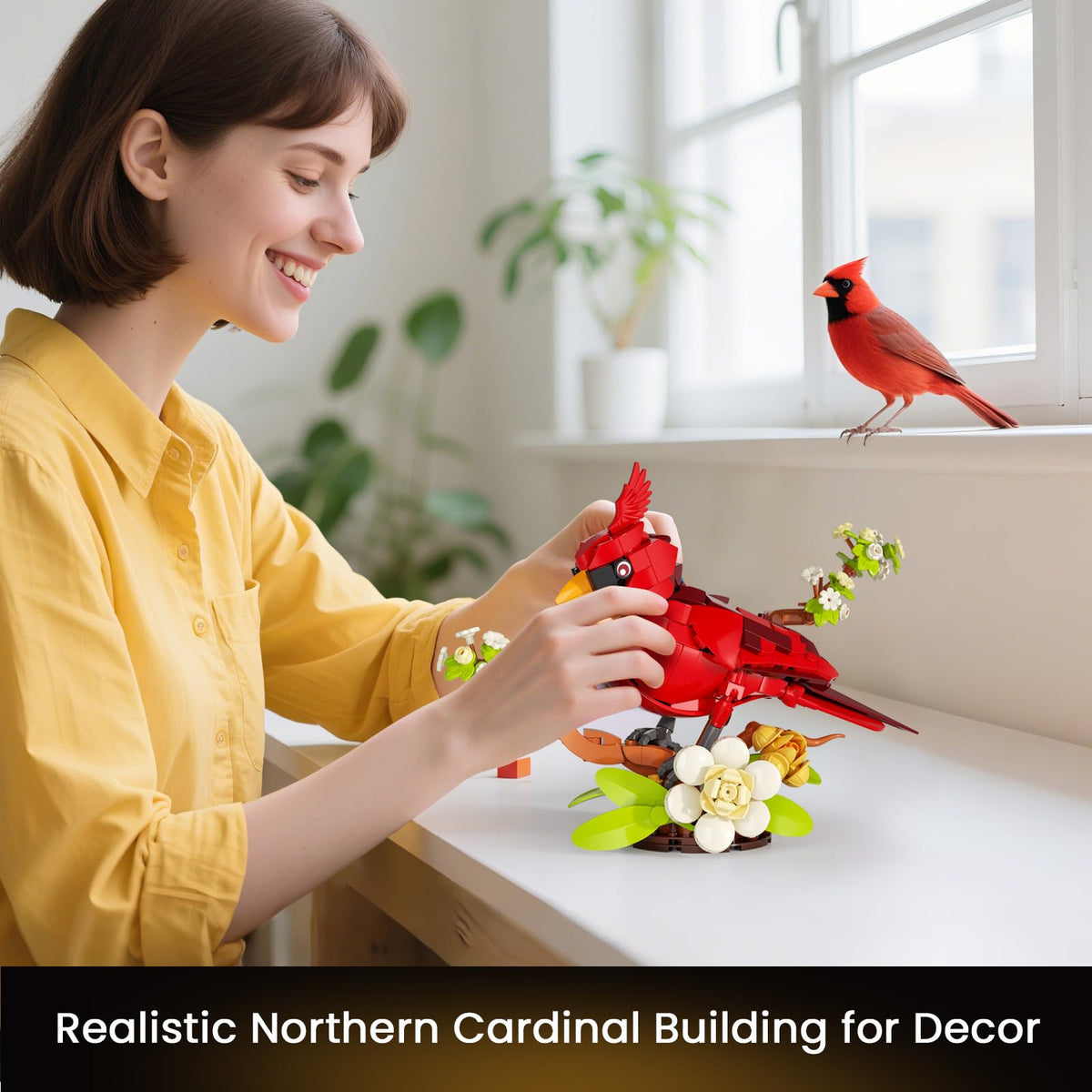 JAKI Northern Cardinal Building Set base with foliage and camellia for shelf display