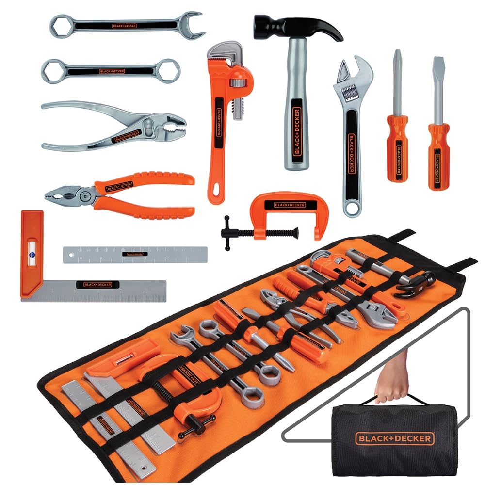 JAKKS Pacific Black+Decker tool bag set rolled-up view showing organized tools for easy access