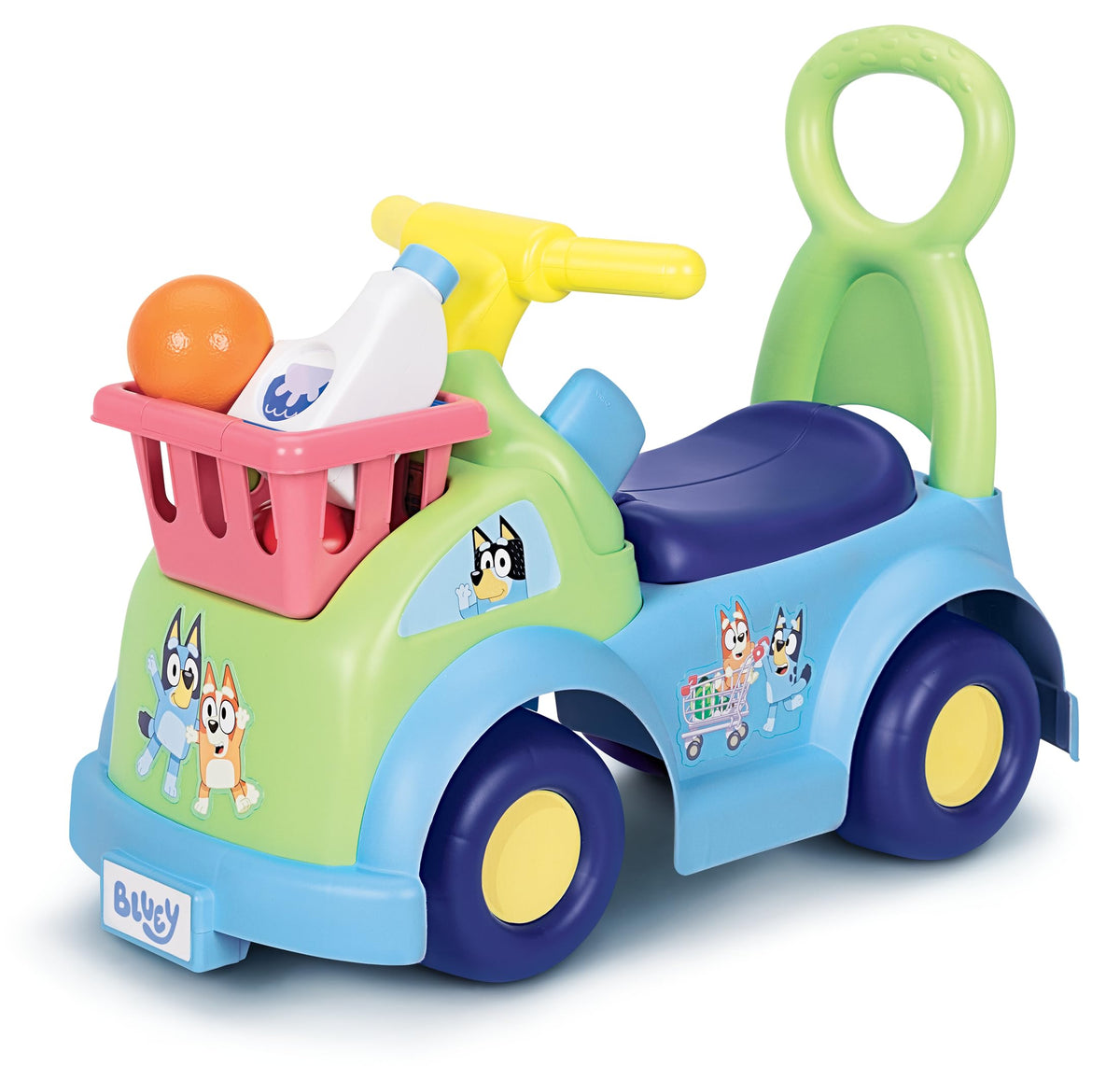 JAKKS Pacific Bluey Shopping Cart Ride On front view invites imaginative play and easy steering.