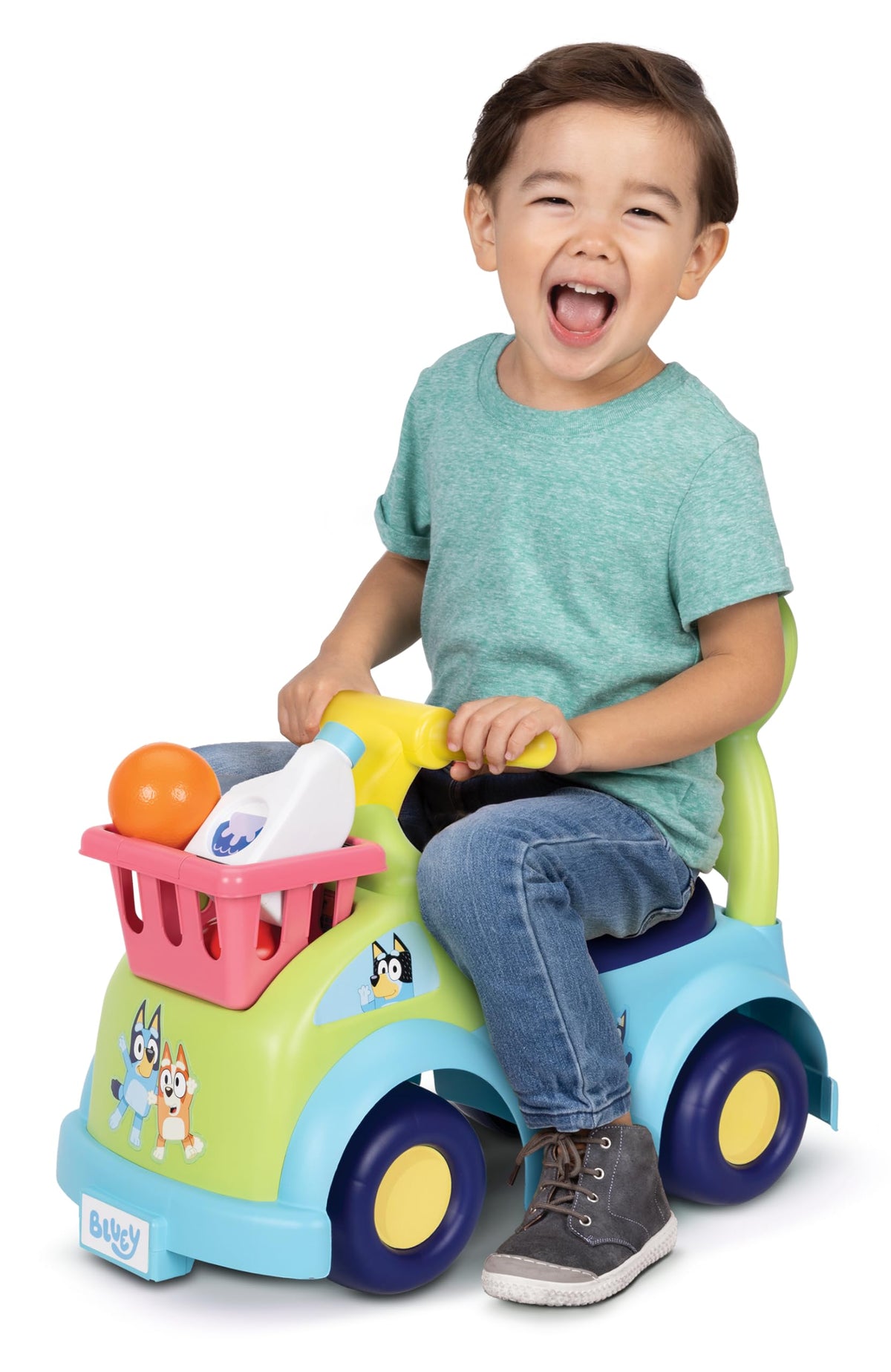 JAKKS Pacific Bluey Shopping Cart Ride On side view shows storage potential.