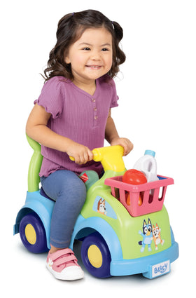 Under-seat storage on Bluey ride on keeps toys and snacks within reach.