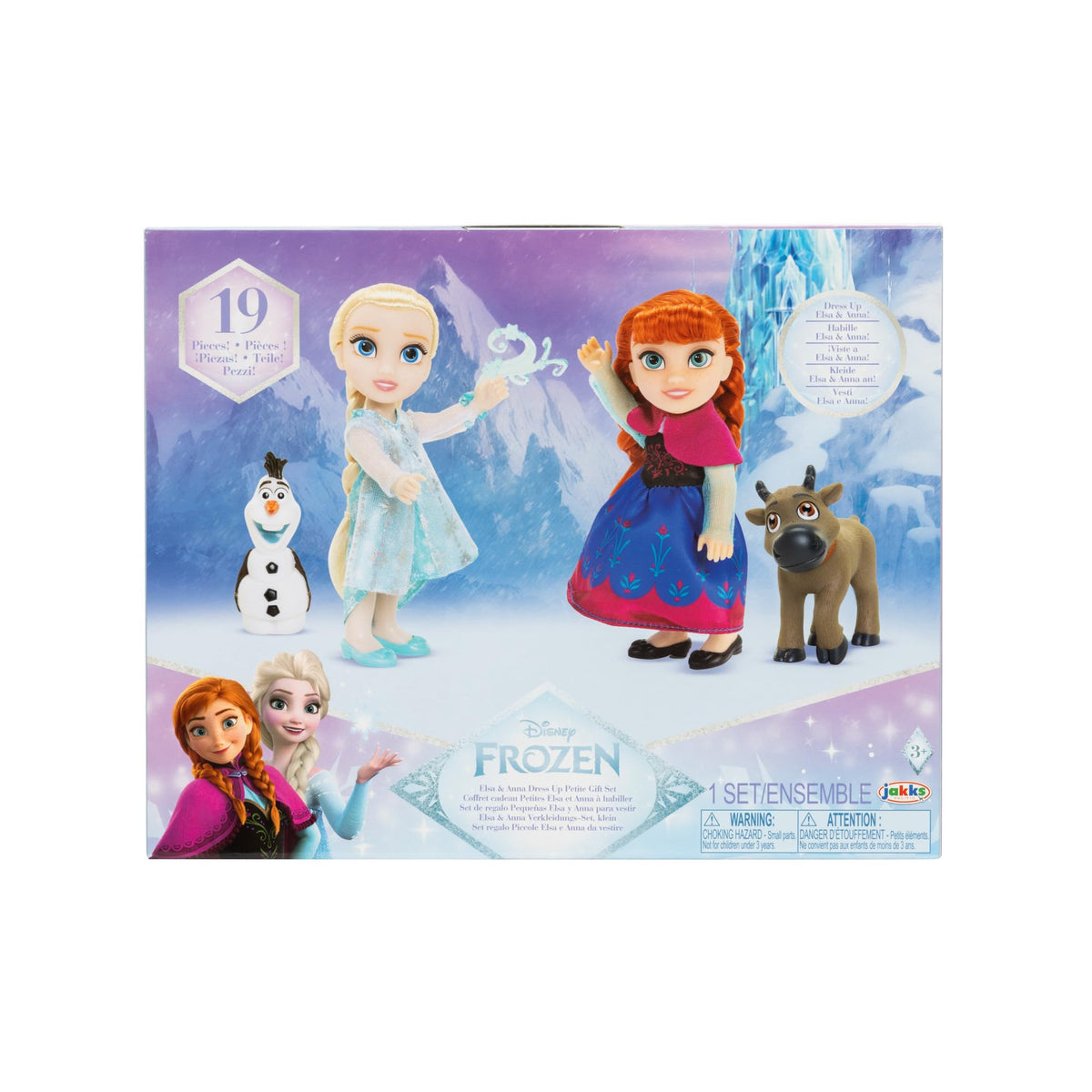 Fold-down dress-up outfits for Elsa and Anna included in the set